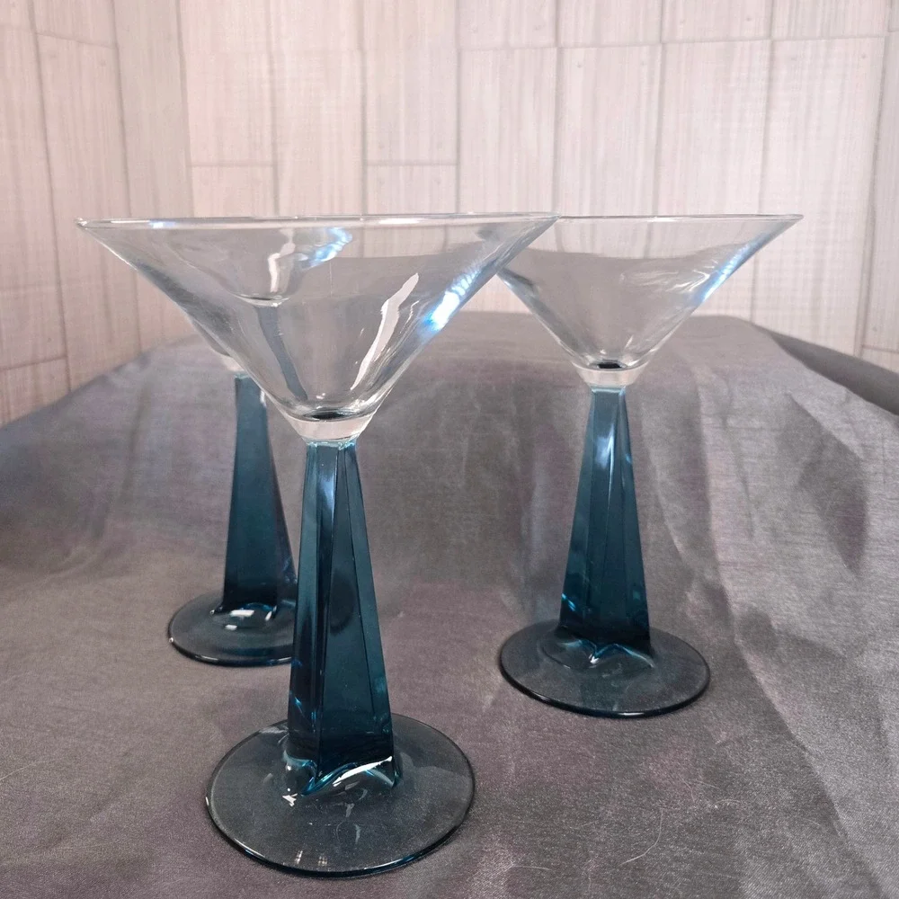 (3) Bombay Sapphire Gin Collection Martini Glass Blue Square Tapered Stem 6.75
